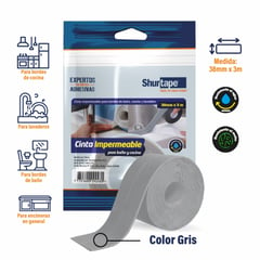 SHURTAPE - Cinta Impermeable Gris - para baño y cocina 38mm x 3m