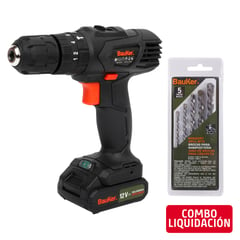 BAUKER - Combo Taladro Percutor Inalámbrico 10mm 12V + Batería 1,3Ah + Cargador + Set de Brocas para Concreto 5 Piezas