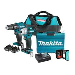 MAKITA - Taladro Percutor 3/8" 12V + Atornillador de Impacto  1/4" 12V BL-CXT + 2 Baterías 2Ah + Cargador + Set 17 Piezas + Maletín