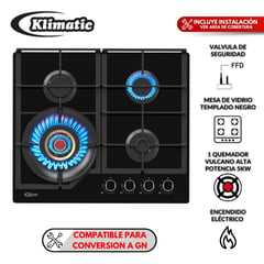 KLIMATIC - Encimera a Gas 4 Hornillas Vulcano Negro