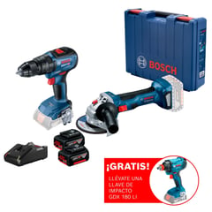 BOSCH - Amoladora inalámbrica 18V GWS 180-LI + Taladro Atornillador percutor GSB 18V-50 Brushless + ¡REGALO! Llave de impacto inalámbrica 18 V GDX 180-LI + 2 baterías