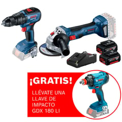 BOSCH - Amoladora inalámbrica 18V GWS 180-LI + Taladro Atornillador percutor GSB 18V-50 Brushless +2 baterías + Regalo: Llave de impacto inalámbrica 18 V GDX 180-LI