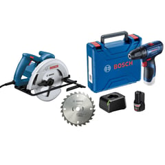 BOSCH - Sierra circular GKS 130 + Taladro atornillador GSR 120-LI + 1 batería + 1 disco de corte 24 Dientes + maletín de plástico