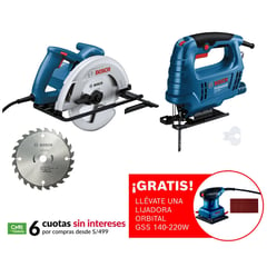 BOSCH - Sierra Circular GKS 130 + 1 Disco de Corte 24 Dientes + Sierra Caladora GST 680-500W + 1 Hoja de Corte + Lijadora Orbital GSS 140-220W + 1 Lija