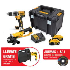 DEWALT - Kit Taladro Percutor 1/2" 20V DCD796B + Esmeril Angular 4 1/2" 20V DCG412B + 2 Bat+ Carg + Caja de Herramientas + Regalo: Taladro SDH700K-B2 Stanley