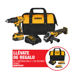 DEWALT - Taladro Percutor + Esmeril Angular + 1 Batería de 20V MAX + Cargador + Regalo: Kit 2 Bat 1.7AH 20V + 1 Carg + Maletin de lona