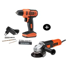 BLACK+DECKER - Kit Taladro Inalámbrico 12v + 13 Accesorios + Amoladora Angular 4-1/2" G720 + Maleta plástica B+D