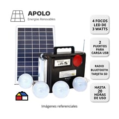 APOLLO - Generador Solar Portatil 1980 Apolo Bateria 12V/8Ah Panel 715V 10 W 3 Focos De 4 W Lampara Cargador Y Radio