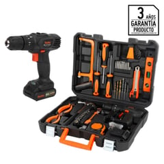 BAUKER - Taladro Inalámbrico 10mm 12V + Set de Herramientas Manuales 44 Piezas